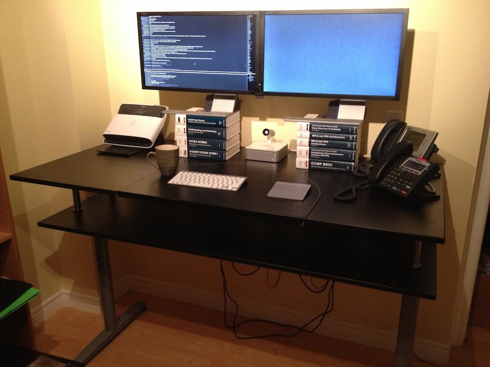 standing desk with books
