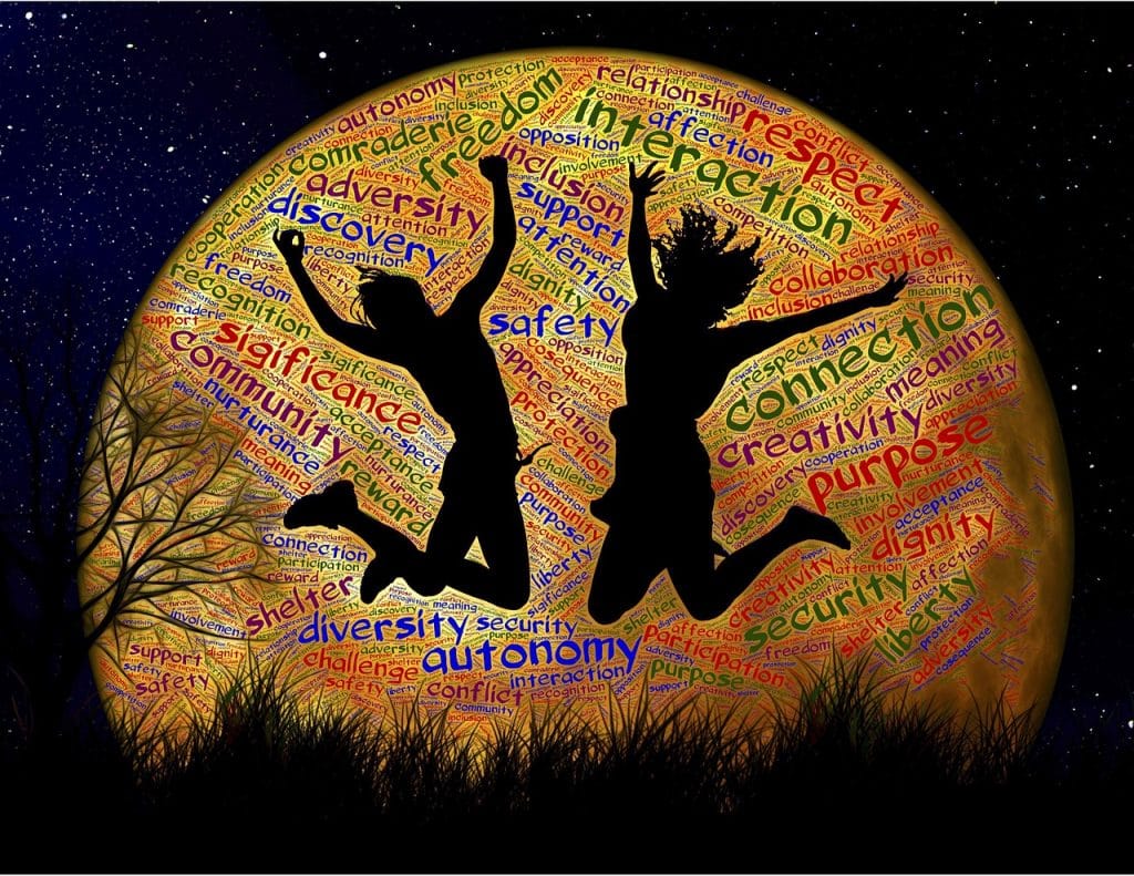 silhouette of two people with moon on their background bearing words such as "freedom, discovery, and significance"